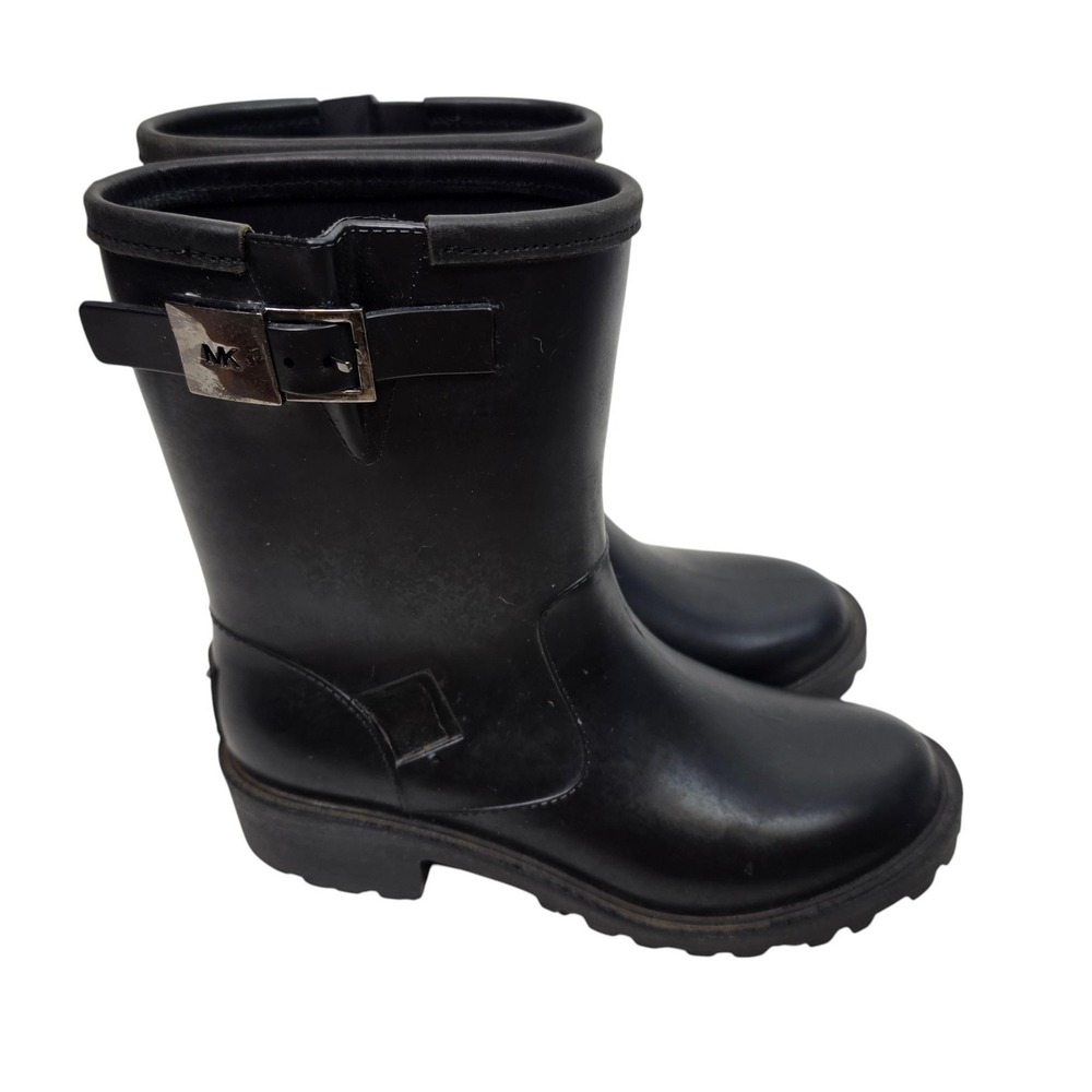 MICHAEL KORS Boots Womens 9 Black Rubber Mid Calf Rain Pull On Buckle Logo